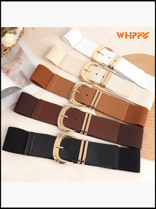 Wide Elastic Waist Belt with Gold Buckle for Dresses main image 7